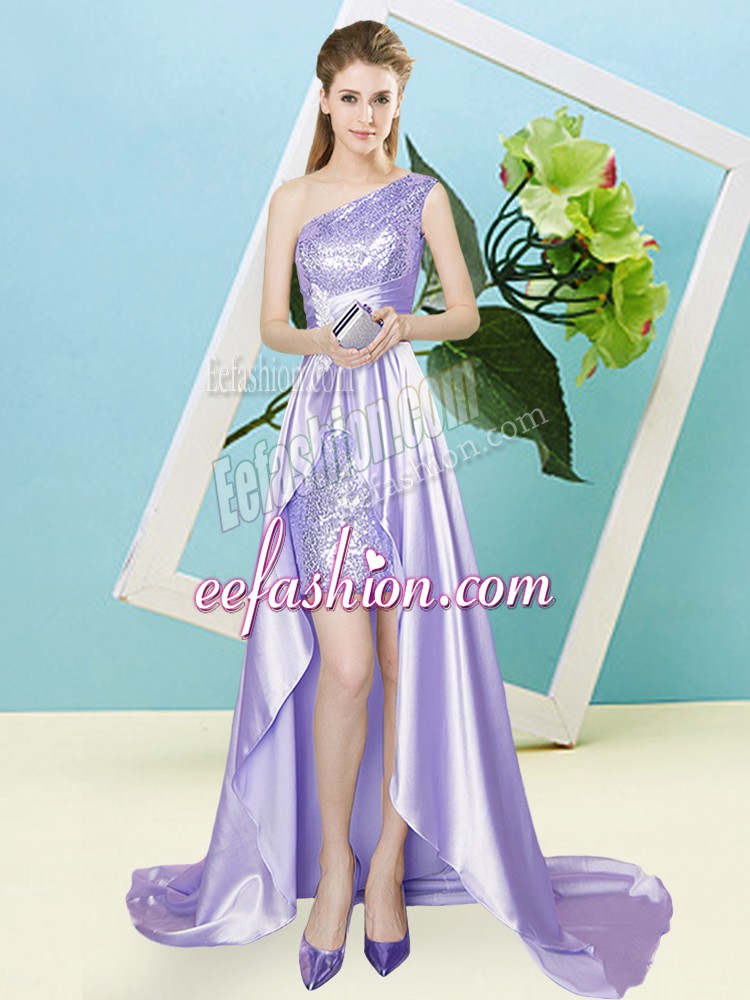 Luxury Lavender Elastic Woven Satin and Sequined Lace Up One Shoulder Sleeveless High Low Prom Dress Sequins