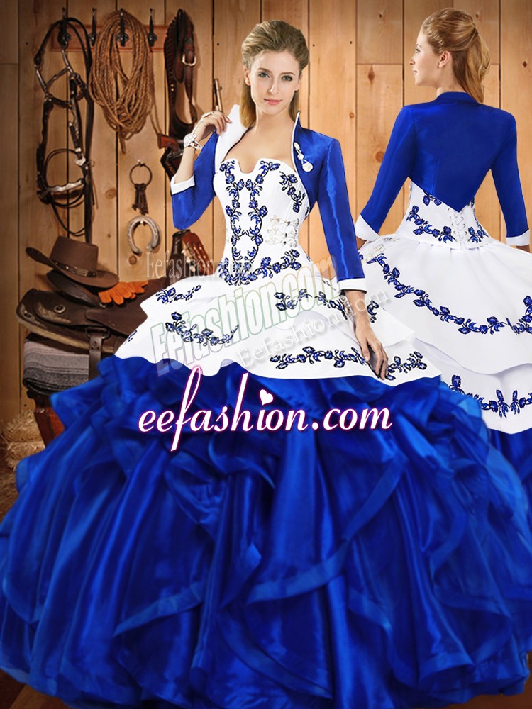 Unique Ball Gowns 15th Birthday Dress Blue Strapless Satin and Organza Sleeveless Floor Length Lace Up