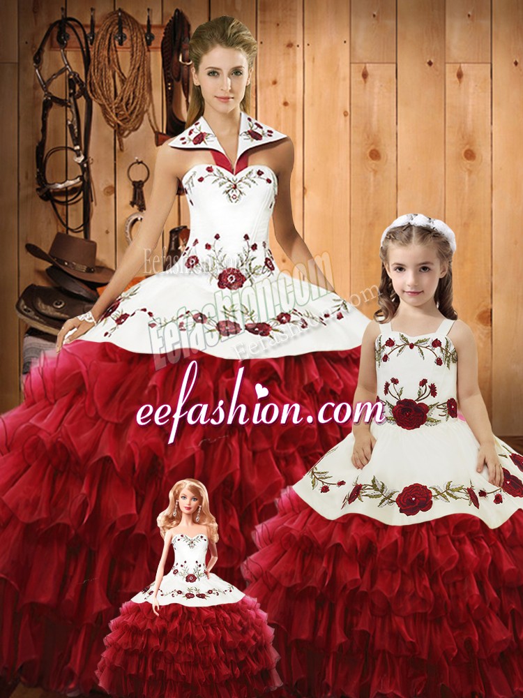Dazzling Ball Gowns 15 Quinceanera Dress Wine Red Halter Top Tulle Sleeveless Floor Length Lace Up