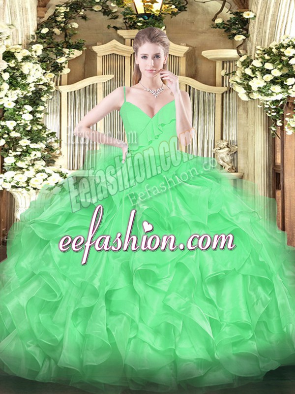 Nice Green Vestidos de Quinceanera Military Ball and Sweet 16 and Quinceanera with Ruffles Spaghetti Straps Sleeveless Zipper