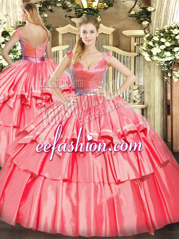 Glamorous Tulle Sleeveless Floor Length Quince Ball Gowns and Beading and Ruffled Layers