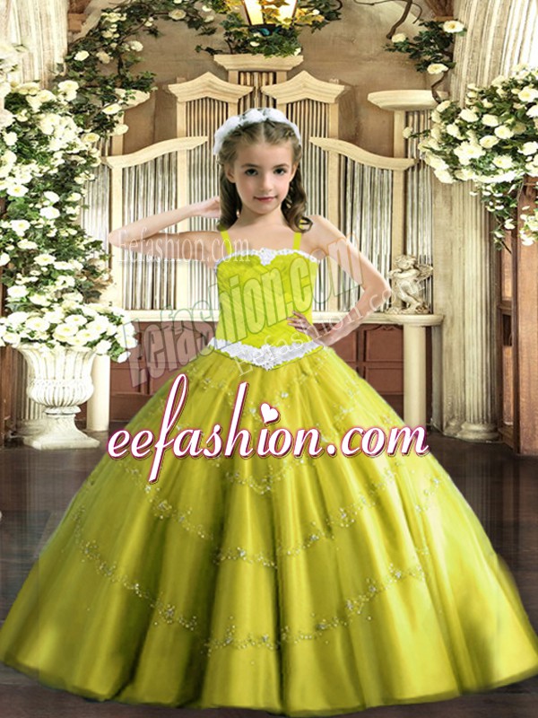 Great Yellow Green Ball Gowns Straps Sleeveless Tulle Floor Length Lace Up Appliques Kids Pageant Dress