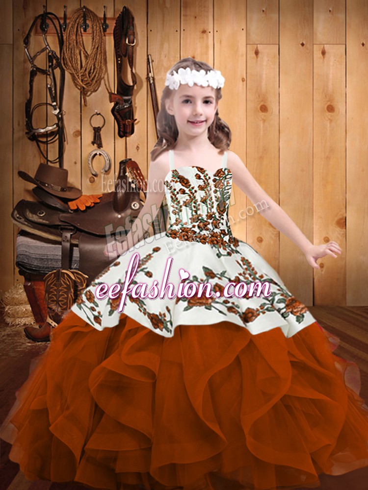 Pretty Sleeveless Floor Length Embroidery and Ruffles Lace Up Kids Formal Wear with Rust Red