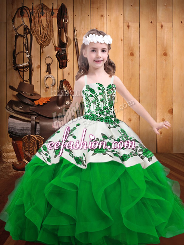 Graceful Green Ball Gowns Organza Straps Sleeveless Embroidery and Ruffles Floor Length Lace Up Kids Pageant Dress