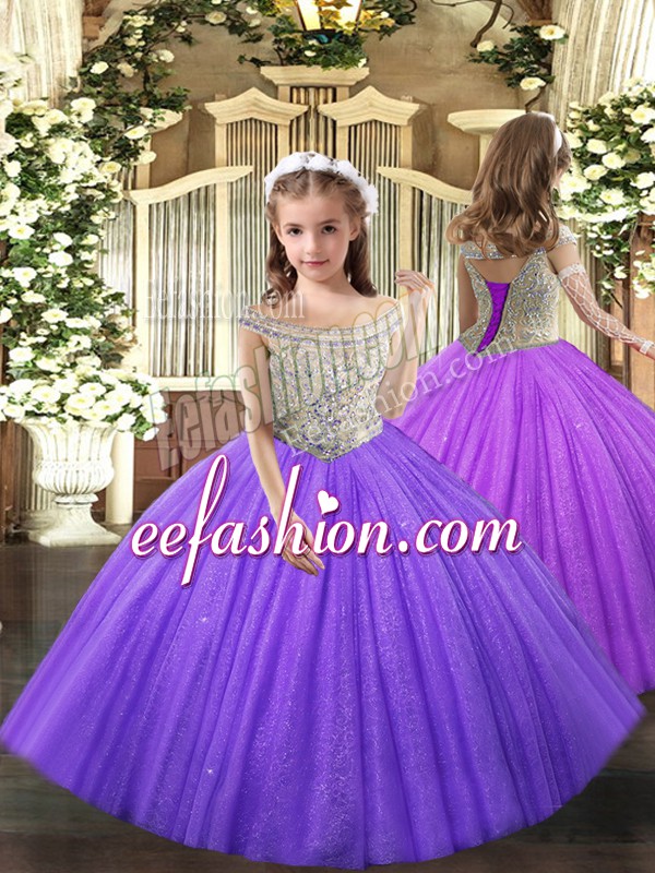 Elegant Lavender Custom Made Pageant Dress Party and Sweet 16 and Quinceanera and Wedding Party with Beading Straps Sleeveless Lace Up