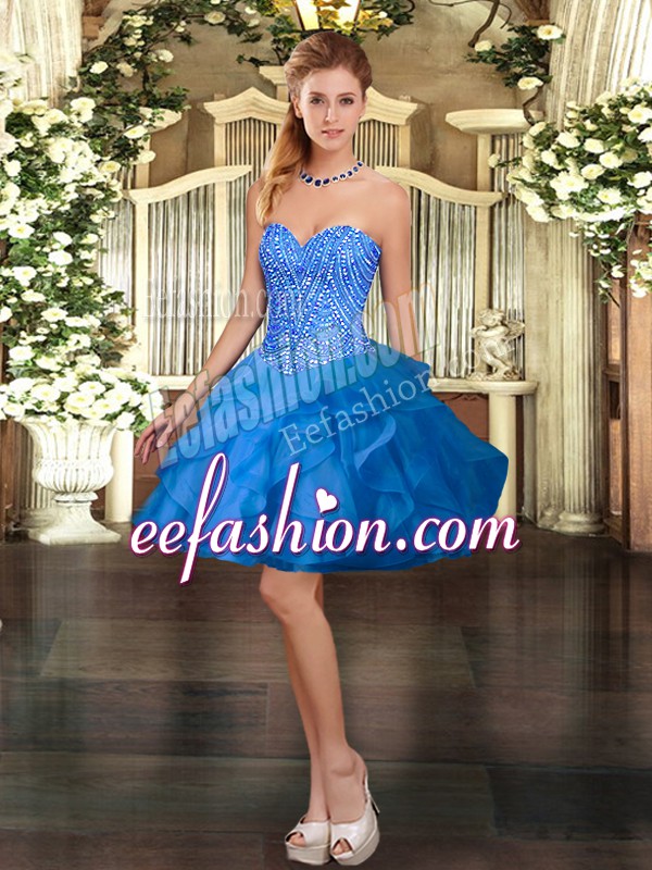  Ball Gowns Prom Party Dress Blue Sweetheart Organza Sleeveless Mini Length Lace Up