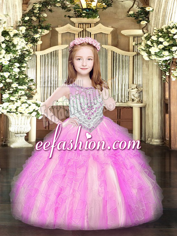  Lilac Organza Zipper Scoop Sleeveless Floor Length Pageant Gowns For Girls Beading and Ruffles