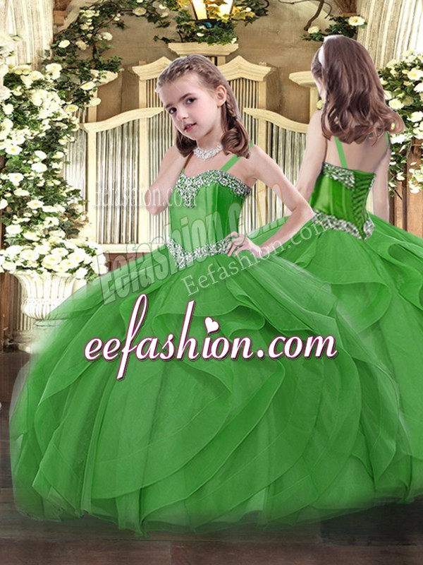  Green Sleeveless Beading and Ruffles Floor Length Pageant Dresses