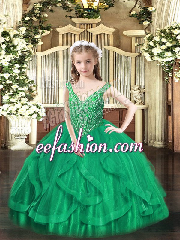 V-neck Sleeveless Pageant Dress for Teens Floor Length Beading and Ruffles Turquoise Tulle