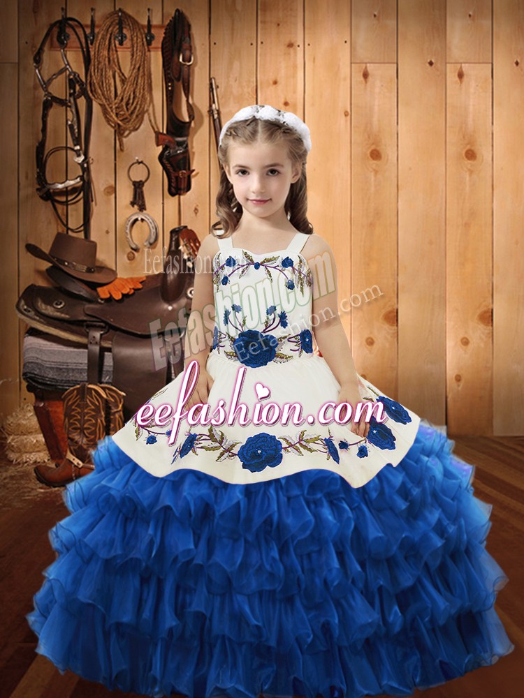  Blue Lace Up Straps Embroidery and Ruffles Kids Formal Wear Organza Sleeveless