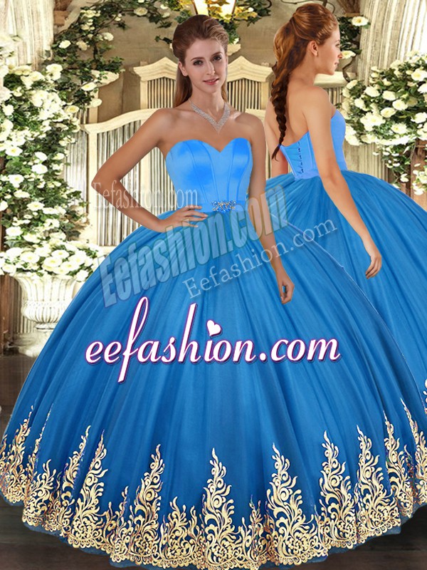  Blue Sweetheart Neckline Appliques Quinceanera Dress Sleeveless Lace Up