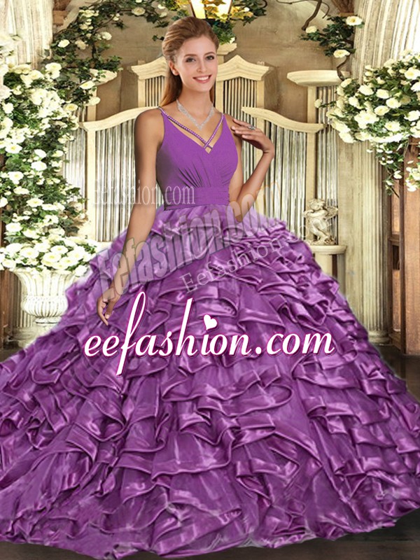  With Train Ball Gowns Sleeveless Lilac Quinceanera Gown Sweep Train Backless