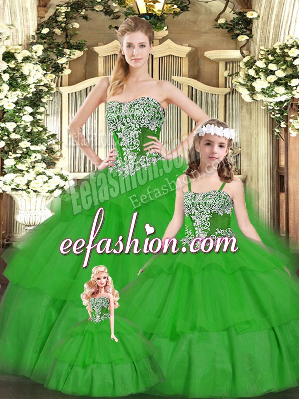 Sexy Strapless Sleeveless Quince Ball Gowns Floor Length Beading and Ruffled Layers Green Organza