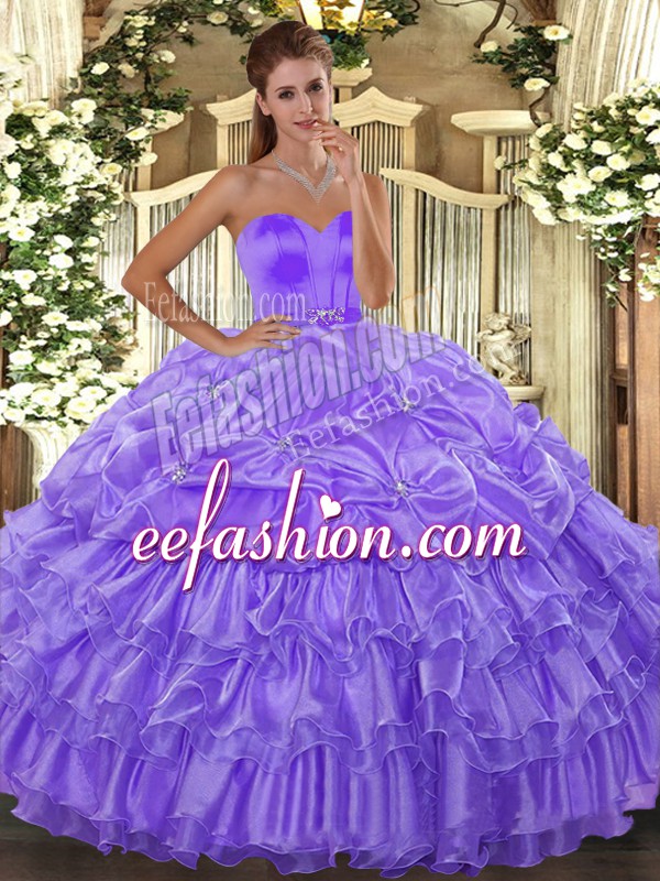 Latest Lavender Sleeveless Floor Length Beading and Ruffled Layers Lace Up Vestidos de Quinceanera
