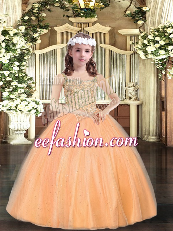  Orange Tulle Lace Up Pageant Dresses Sleeveless Floor Length Beading