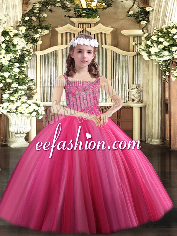  Ball Gowns Little Girl Pageant Gowns Hot Pink Straps Tulle Sleeveless Floor Length Lace Up