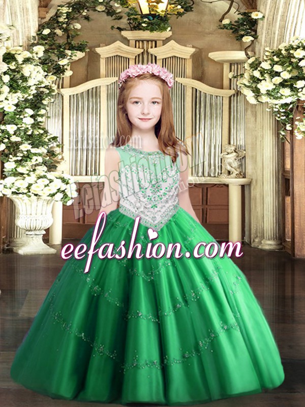 Latest Green Ball Gowns Scoop Sleeveless Tulle Floor Length Zipper Beading and Appliques Girls Pageant Dresses