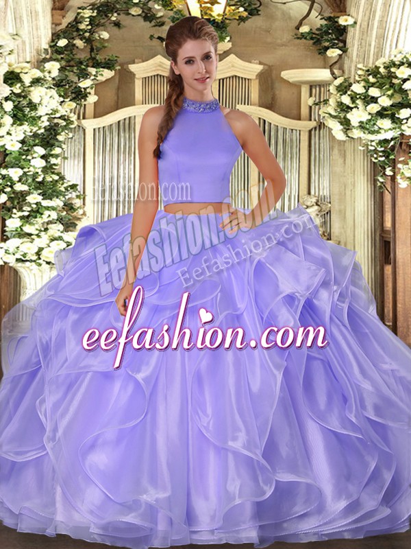 Captivating Lavender Two Pieces Halter Top Sleeveless Organza Floor Length Side Zipper Beading and Ruffles Sweet 16 Dress