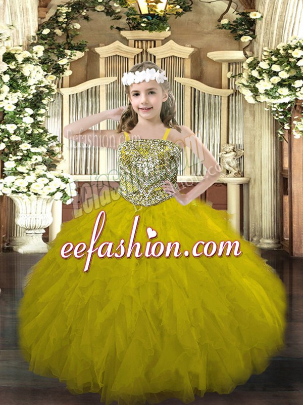 Unique Olive Green Ball Gowns Tulle Straps Sleeveless Beading and Ruffles Floor Length Lace Up Little Girl Pageant Dress