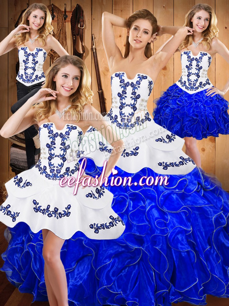  Floor Length Blue And White 15 Quinceanera Dress Satin and Organza Sleeveless Embroidery and Ruffles