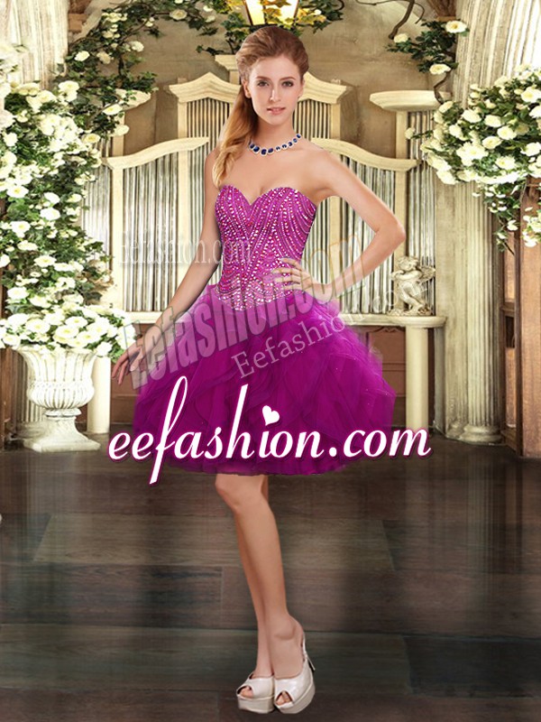  Fuchsia Lace Up Sweetheart Beading and Ruffles Prom Party Dress Organza Sleeveless