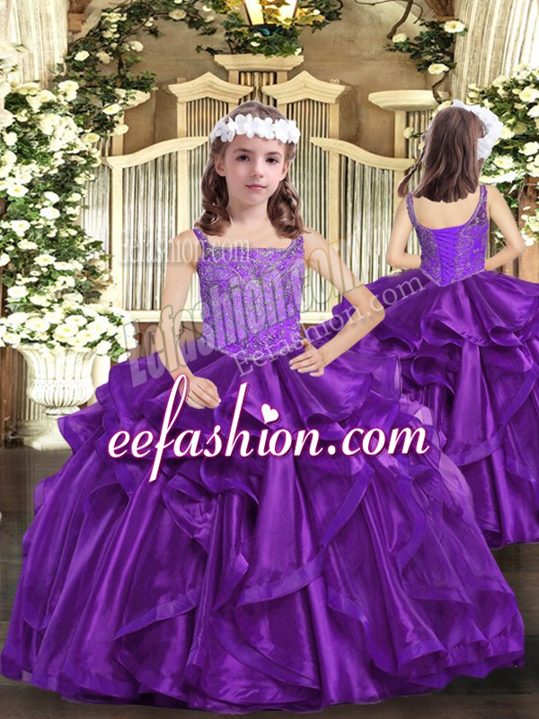 New Style Eggplant Purple and Purple Ball Gowns Organza Straps Sleeveless Beading Floor Length Lace Up Pageant Dress for Womens