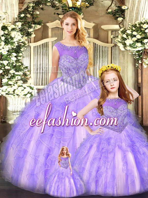  Organza Scoop Sleeveless Lace Up Beading and Ruffles Quinceanera Gowns in Lavender