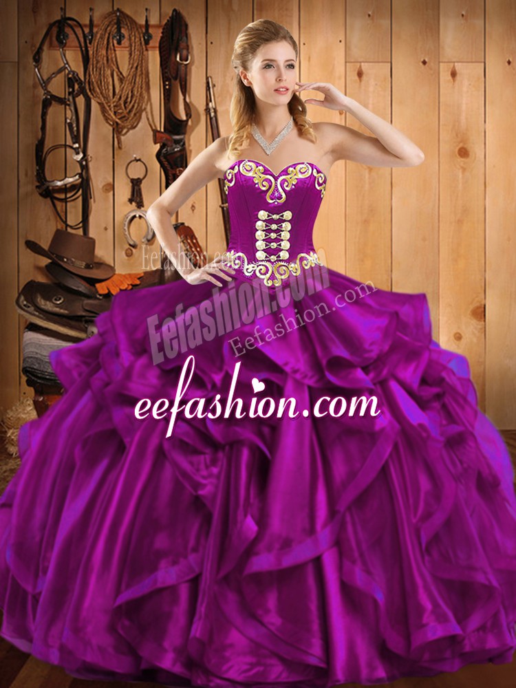 Excellent Sweetheart Sleeveless Lace Up 15th Birthday Dress Fuchsia Organza