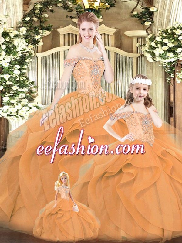 Orange Red Sweet 16 Dress Military Ball and Sweet 16 and Quinceanera with Beading and Ruffles Off The Shoulder Sleeveless Lace Up