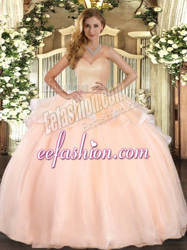  Peach Organza Lace Up Sweet 16 Quinceanera Dress Sleeveless Floor Length Beading and Ruffles