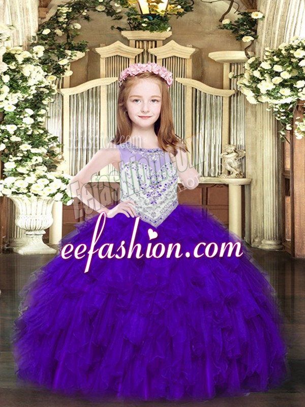 Beautiful Beading and Ruffles High School Pageant Dress Purple Zipper Sleeveless Floor Length