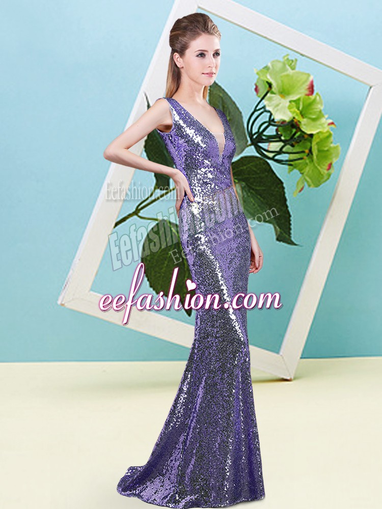 Flirting Mermaid Evening Dress Purple V-neck Sequined Sleeveless Floor Length Zipper