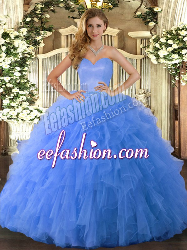 Exceptional Sleeveless Tulle Floor Length Lace Up 15th Birthday Dress in Blue with Ruffles