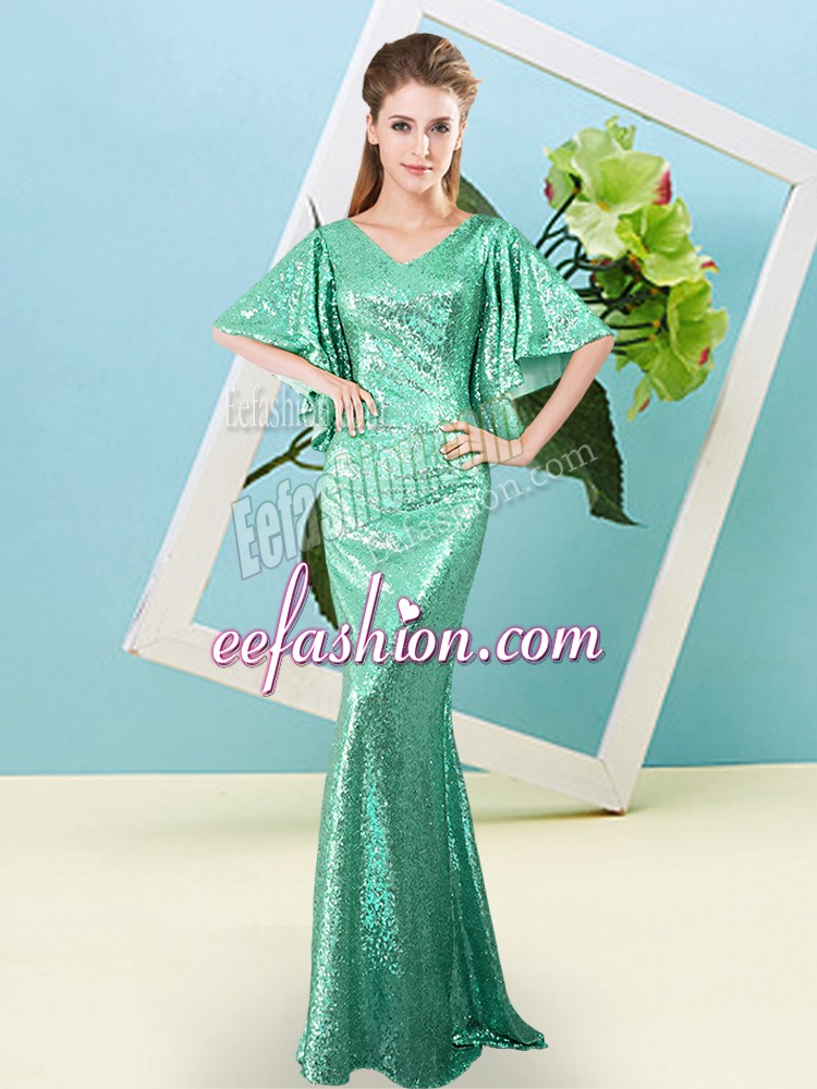  Floor Length Mermaid Half Sleeves Turquoise Prom Evening Gown Zipper