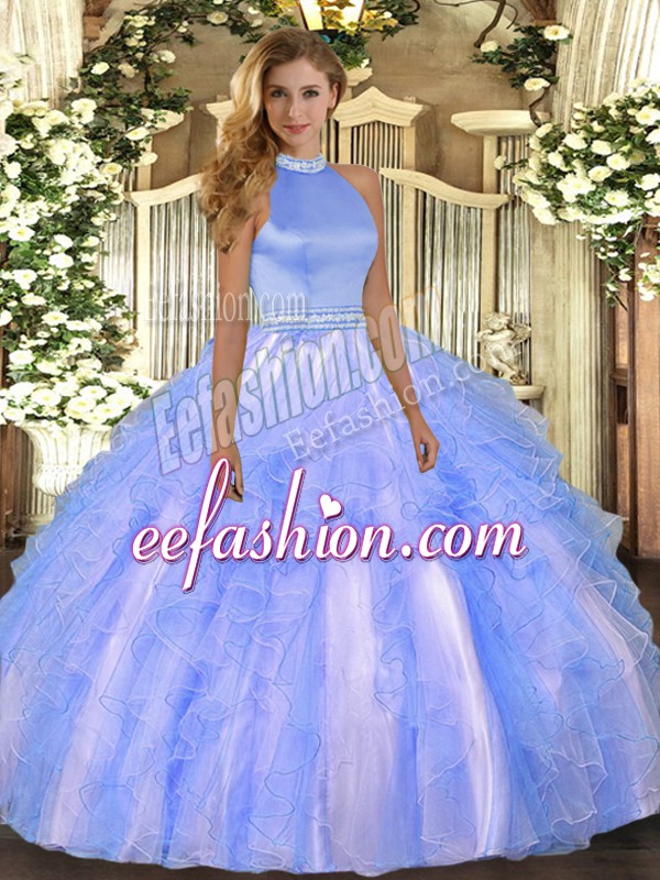  Baby Blue Halter Top Backless Beading and Ruffles Sweet 16 Quinceanera Dress Sleeveless