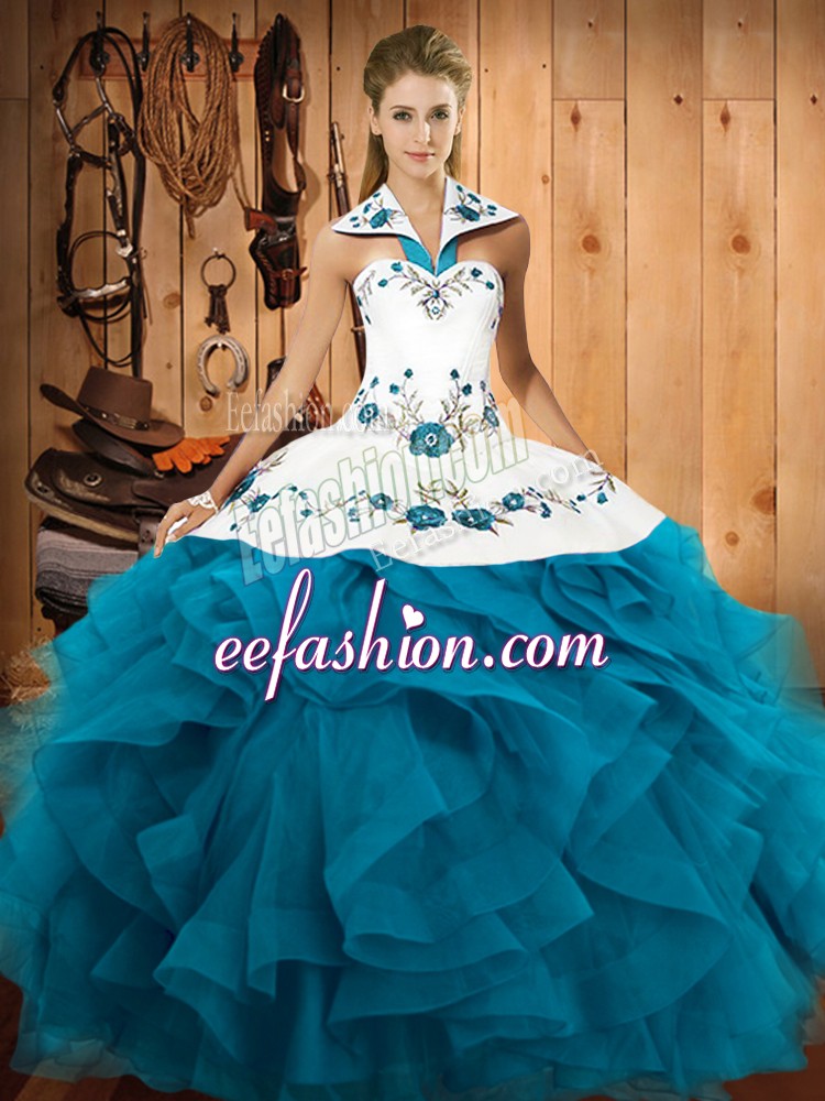 Edgy Teal 15 Quinceanera Dress Military Ball and Sweet 16 and Quinceanera with Embroidery and Ruffles Halter Top Sleeveless Lace Up