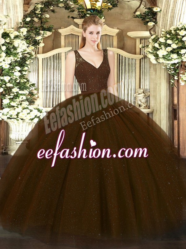  Floor Length Zipper Ball Gown Prom Dress Brown for Sweet 16 and Quinceanera with Beading