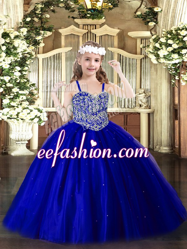 Dazzling Royal Blue Sleeveless Floor Length Beading Lace Up Glitz Pageant Dress