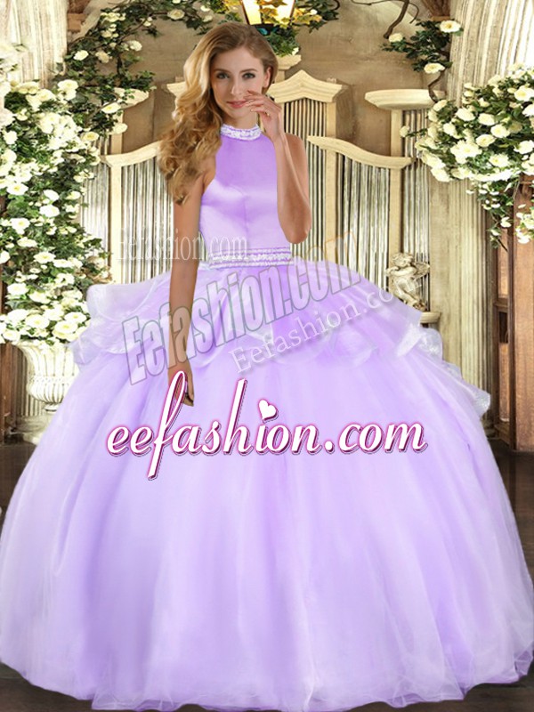  Sleeveless Beading and Ruffles Backless Ball Gown Prom Dress