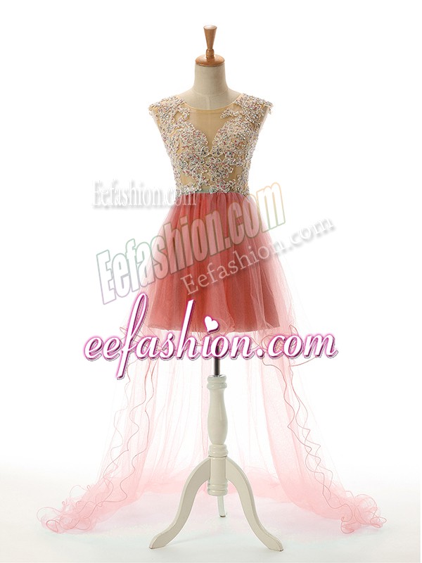 Chic Watermelon Red A-line Tulle Scoop Sleeveless Appliques High Low Backless Homecoming Dress