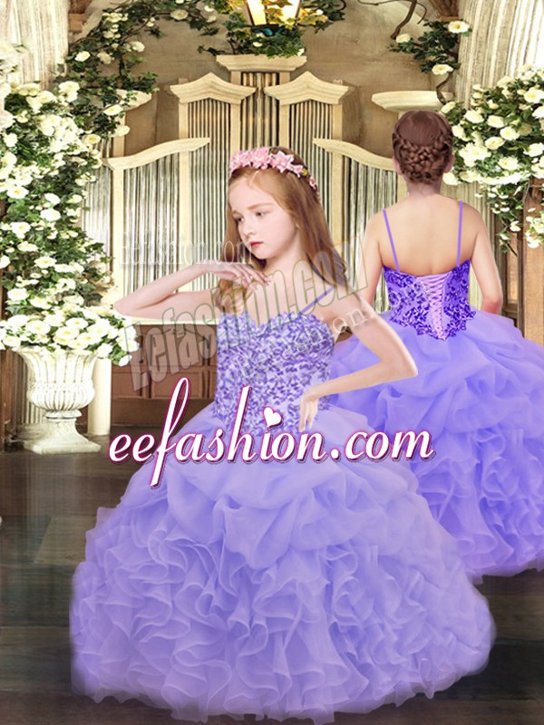 Wonderful Lavender Ball Gowns Spaghetti Straps Sleeveless Organza Floor Length Lace Up Appliques and Ruffles and Pick Ups Little Girls Pageant Dress
