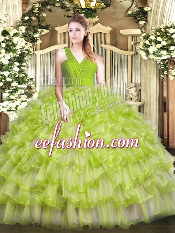 Luxury Floor Length Zipper Quinceanera Gown Yellow Green for Military Ball and Sweet 16 and Quinceanera with Ruffled Layers