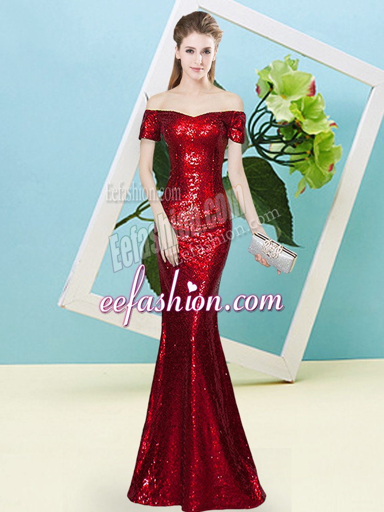  Wine Red Zipper Off The Shoulder Sequins Prom Gown Sequined Short Sleeves