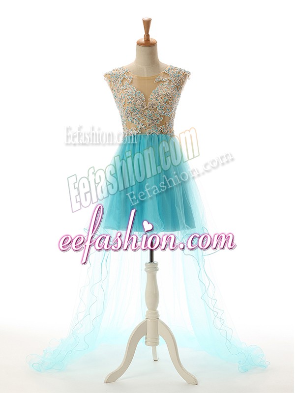  Aqua Blue Scoop Neckline Appliques Prom Gown Sleeveless Backless