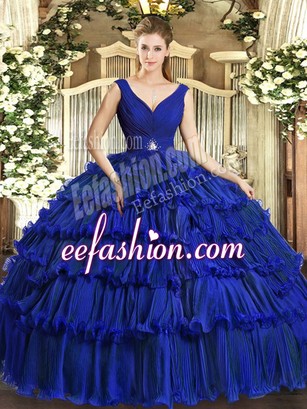  Floor Length Backless Quince Ball Gowns Royal Blue for Sweet 16 and Quinceanera with Beading and Ruffled Layers