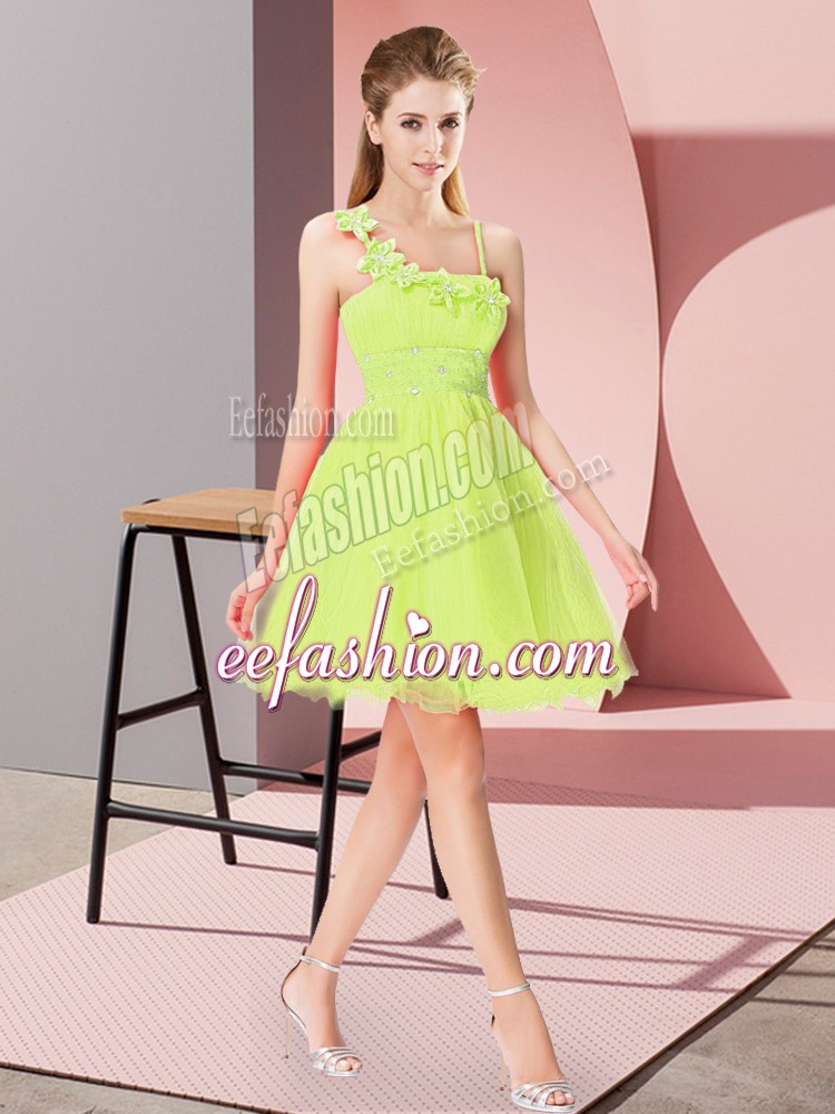 Comfortable Asymmetric Sleeveless Homecoming Dress Mini Length Beading and Hand Made Flower Yellow Green Organza