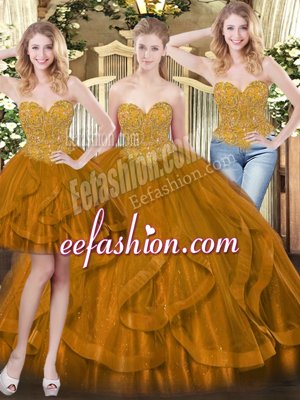 Flare Brown Tulle Lace Up Sweet 16 Dresses Sleeveless Floor Length Beading and Ruffles