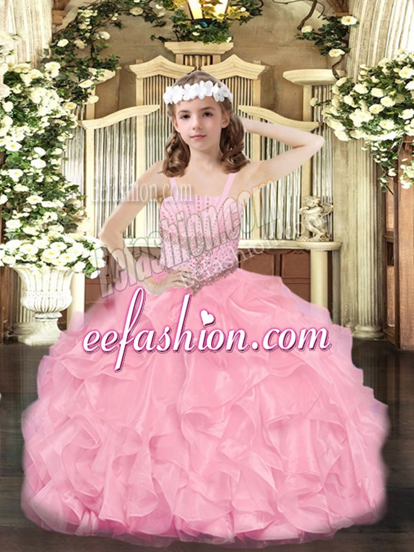  Rose Pink Organza Zipper Little Girls Pageant Dress Wholesale Sleeveless Floor Length Beading and Ruffles