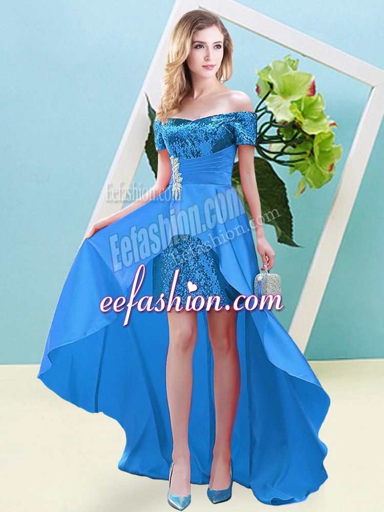 Artistic Baby Blue Lace Up Off The Shoulder Beading Elastic Woven Satin and Sequined Short Sleeves