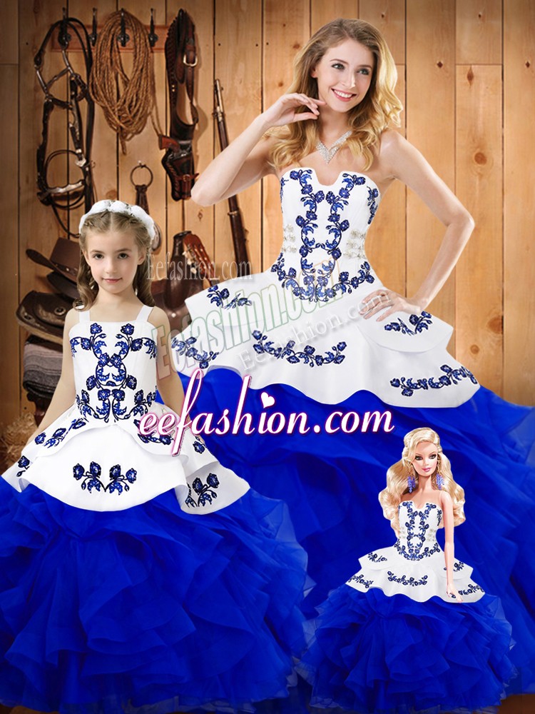  Royal Blue Tulle Lace Up Strapless Sleeveless Floor Length Vestidos de Quinceanera Embroidery and Ruffles
